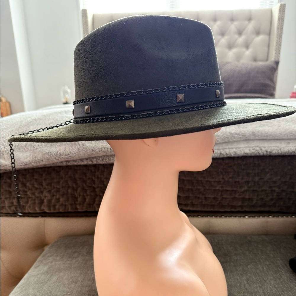 Green Wide Brim Hat with Feather Accent - Picture 8 of 8